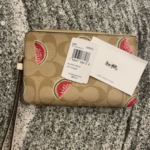 Coach Corner Zip Wristlet In Signature Canvas With Watermelon Print